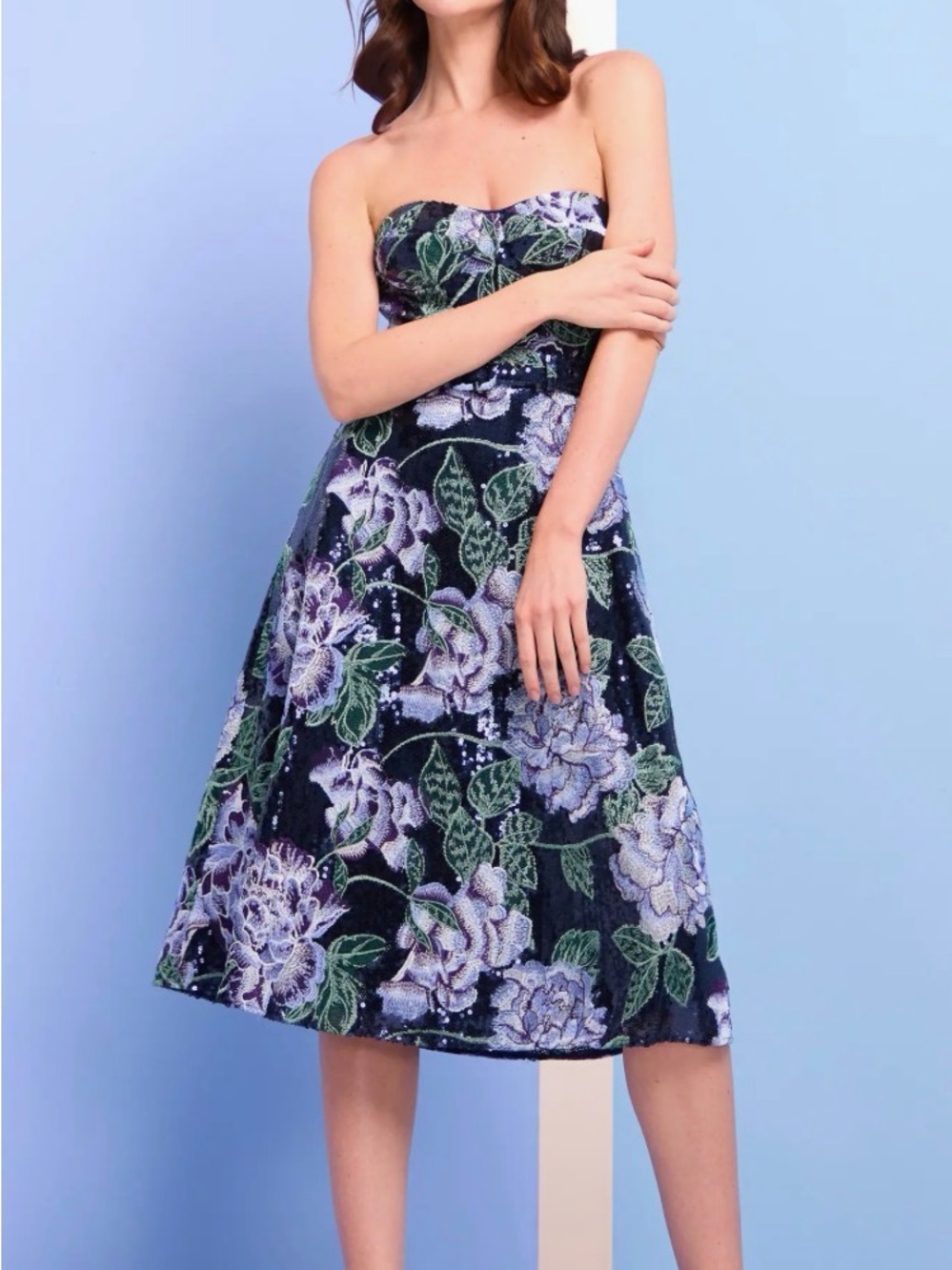 Carlita Embroidered Sequin Floral Strapless Cocktail Midi Dress NWT
